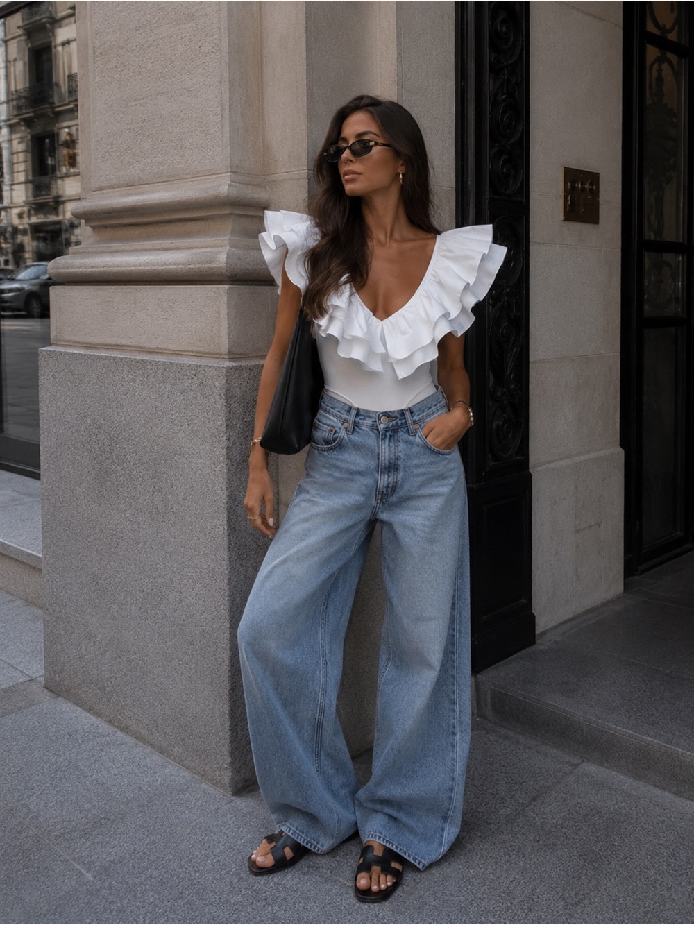 ZARA poplin ruffle bodysuit ribbed knit